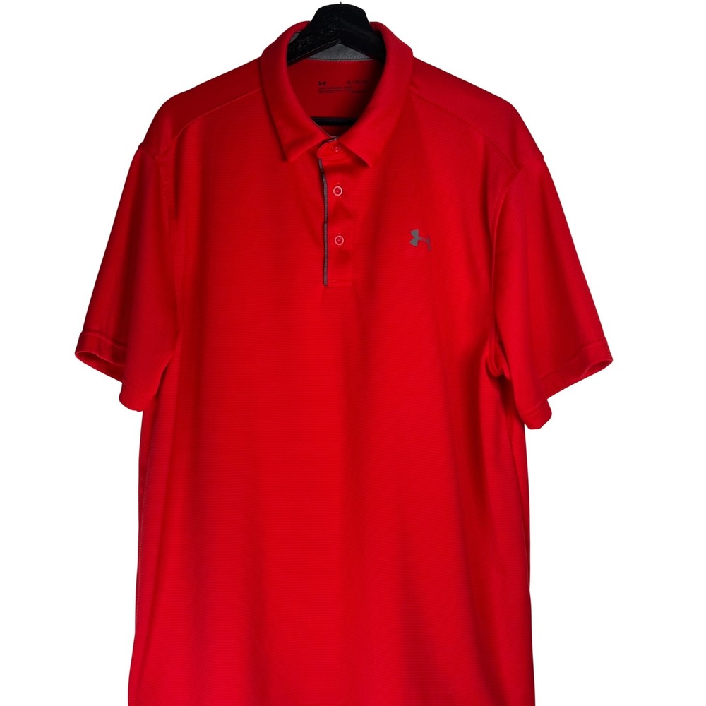 Under Armour Mens XL HeatGear Loose Fit Performance Polo Shirt Red Striped Mesh